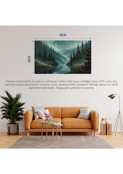 doğa ve manzara yatay yoğun ağaçlar ve gizli göl, sisli vadi, ruh hali soluk renkler 01 çerçevesiz 90x60cm pvc tablo