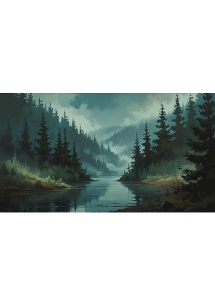doğa ve manzara yatay yoğun ağaçlar ve gizli göl, sisli vadi, ruh hali soluk renkler 01 çerçevesiz 90x60cm pvc tablo fiyatları