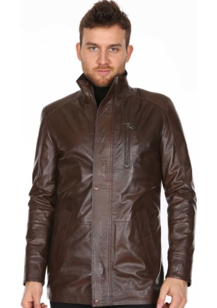 Hakiki Deri Kahverengi Cep Işlemeli Erkek Deri Ceket