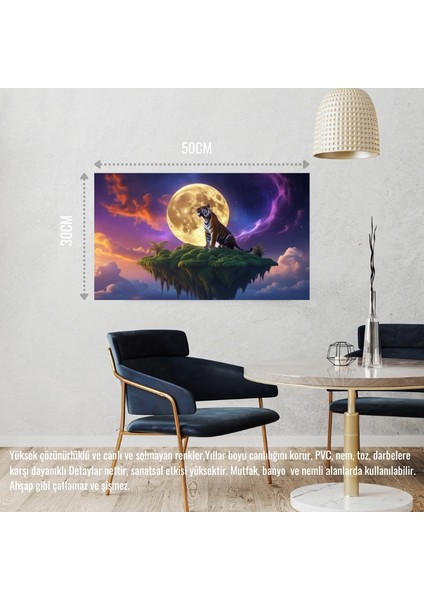 Kaplan Yüzden Adada Aya Kükrüyor 07 Çerçevesiz 50X30 cm Pvc Tablo