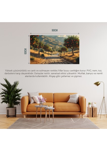 Doğa ve Manzara Yatay Arnavut Kaldırımlı Yol Meyve Ağaçları, Dağlar 04 Çerçevesiz 90X60CM Pvc Tablo