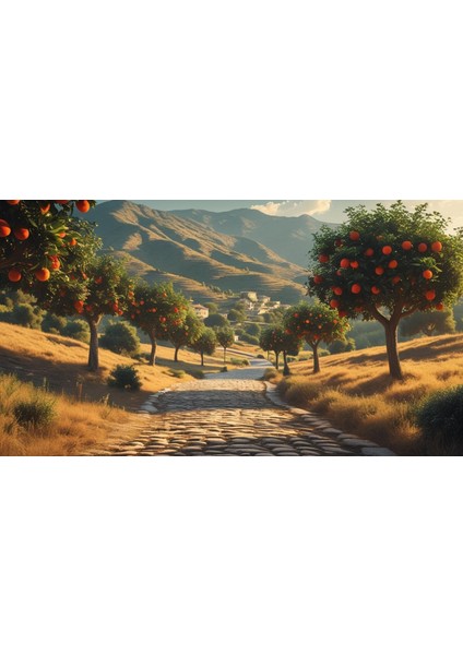 Doğa ve Manzara Yatay Arnavut Kaldırımlı Yol Meyve Ağaçları, Dağlar 04 Çerçevesiz 90X60CM Pvc Tablo fiyatları