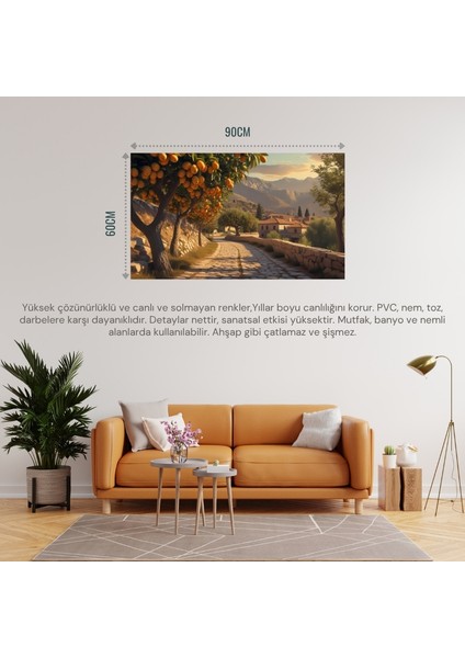 Doğa ve Manzara Yatay Arnavut Kaldırımlı Yol Meyve Ağaçları, Dağlar 07 Çerçevesiz 90X60CM Pvc Tablo