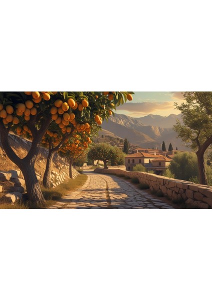 Doğa ve Manzara Yatay Arnavut Kaldırımlı Yol Meyve Ağaçları, Dağlar 07 Çerçevesiz 90X60CM Pvc Tablo fiyatları