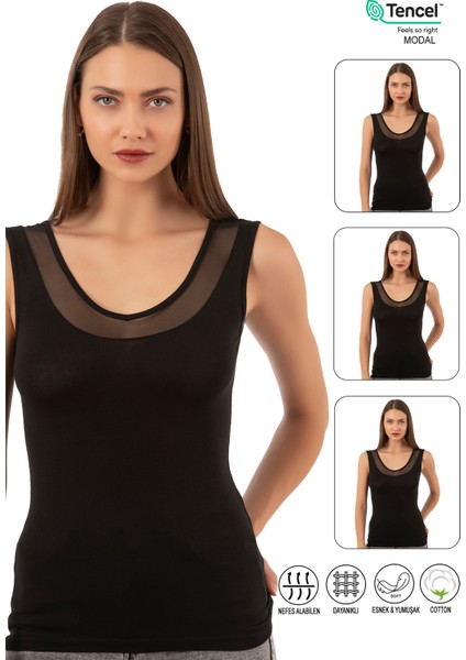 Özkan 22848 3'lü Paket Kadın Modal Pamuklu Kalın Askılı V Yaka Tül Detaylı Atlet