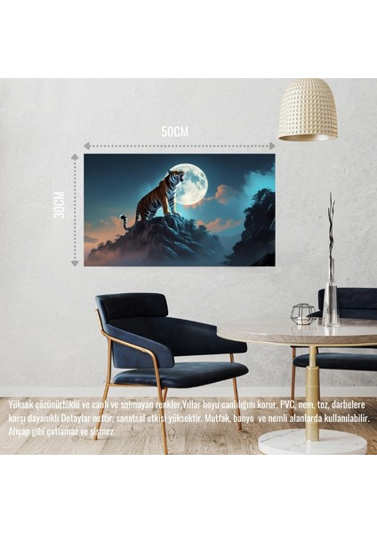 Kaplan Sisli Bir Dağda Aya Kükrüyor 03 Çerçevesiz 50X30 cm Pvc Tablo