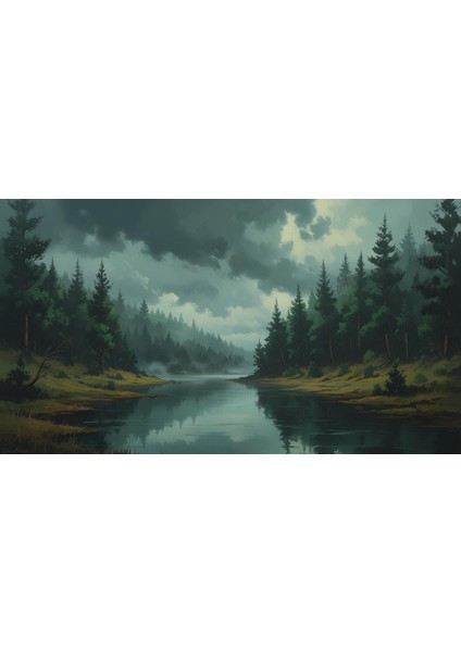doğa ve manzara yatay yoğun ağaçlar ve gizli göl, sisli vadi, ruh hali soluk renkler 02 çerçevesiz 90x60cm pvc tablo fiyatları
