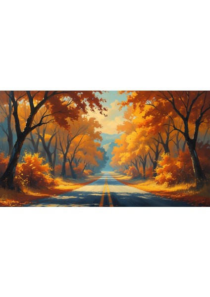 Doğa ve Manzara Yatay Sonbahar Ağaçlarının Arasında Ufka Doğru Uzanan Yalnız Yol 07 Çerçevesiz 90X60CM Pvc Tablo fiyatları