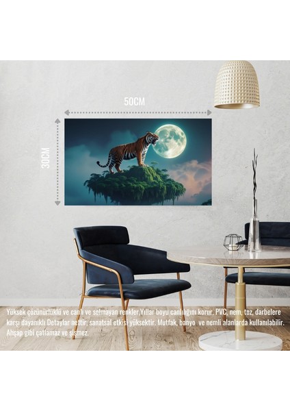 Kaplan Yüzden Adada Aya Kükrüyor 02 Çerçevesiz 50X30 cm Pvc Tablo