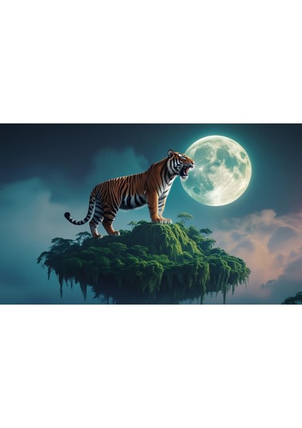 Kaplan Yüzden Adada Aya Kükrüyor 02 Çerçevesiz 50X30 cm Pvc Tablo fiyatları