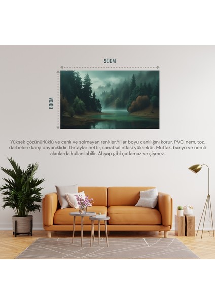 doğa ve manzara yatay yoğun ağaçlar ve gizli göl, sisli vadi, ruh hali soluk renkler 03 çerçevesiz 90x60cm pvc tablo