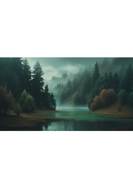 doğa ve manzara yatay yoğun ağaçlar ve gizli göl, sisli vadi, ruh hali soluk renkler 03 çerçevesiz 90x60cm pvc tablo fiyatları