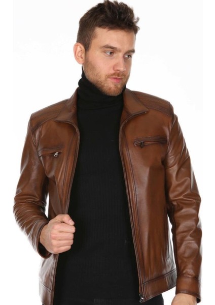 Hakiki Deri Kahverengi Casual Fermuarlı Erkek Deri Ceket fiyatları