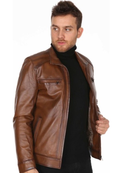 Hakiki Deri Kahverengi Casual Fermuarlı Erkek Deri Ceket modelleri