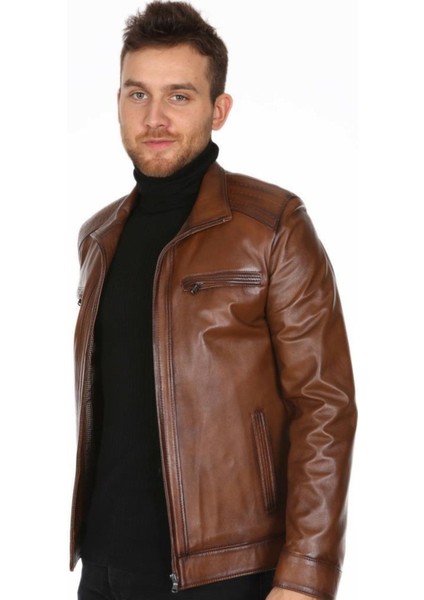 Hakiki Deri Kahverengi Casual Fermuarlı Erkek Deri Ceket fırsatları