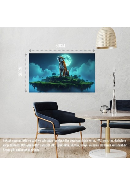 Kaplan Yüzden Adada Aya Kükrüyor 01 Çerçevesiz 50X30 cm Pvc Tablo
