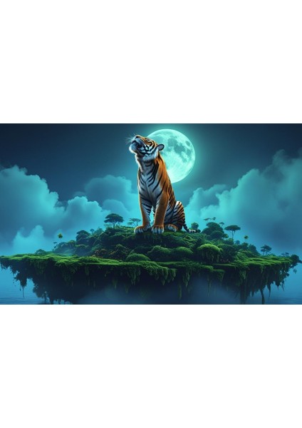 Kaplan Yüzden Adada Aya Kükrüyor 01 Çerçevesiz 50X30 cm Pvc Tablo fiyatları