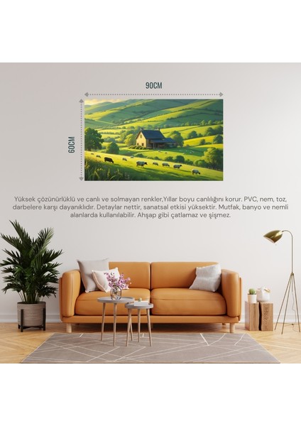 Doğa ve Manzara Yatay Küçük Çiftlik Evi Yeşil Tepeler, Çiçek Açmış Tarlalar Doğa ve Huzur 03 Çerçevesiz 90X60CM Pvc Tablo