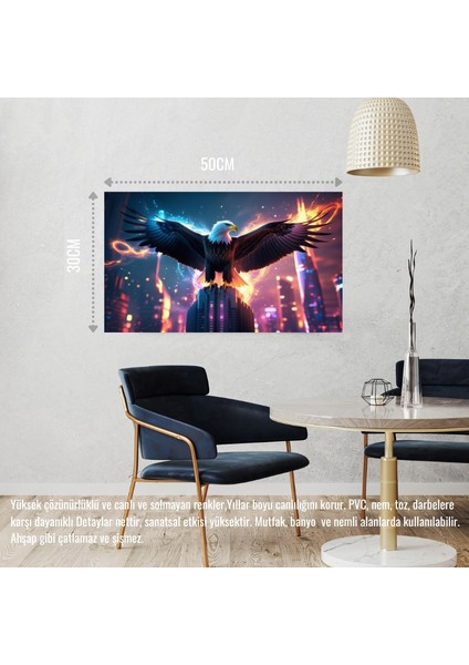 Kartal Fütüristik Bir Şehirde Neon Parıltı Stili 07 Çerçevesiz 50X30 cm Pvc Tablo