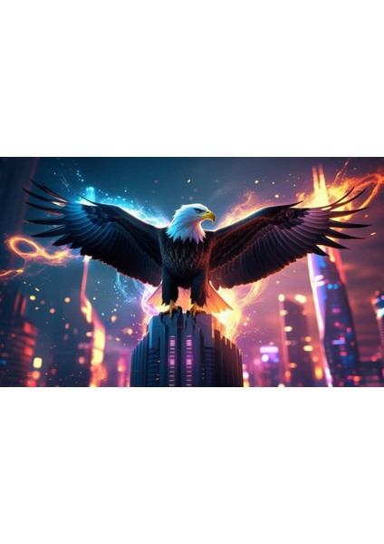 Kartal Fütüristik Bir Şehirde Neon Parıltı Stili 07 Çerçevesiz 50X30 cm Pvc Tablo fiyatları