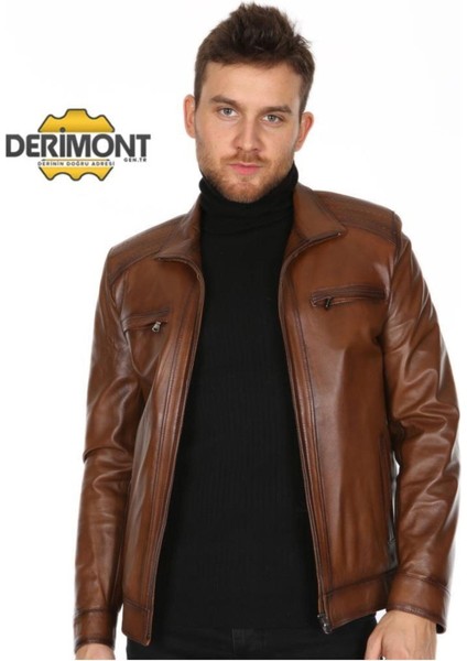 Hakiki Deri Kahverengi Casual Omuz Işlemeli Erkek Deri Ceket