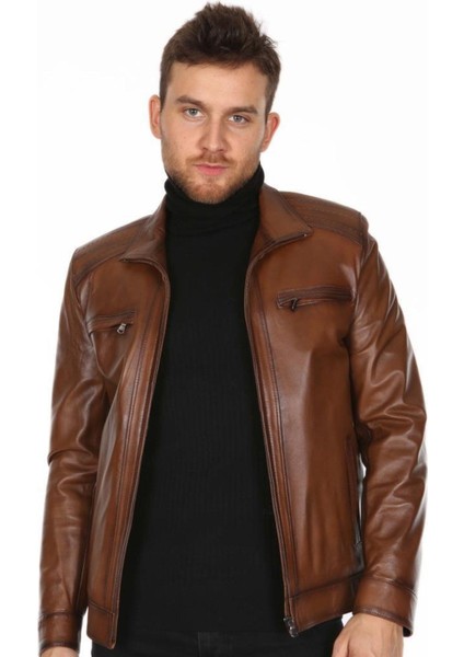 Hakiki Deri Kahverengi Casual Omuz Işlemeli Erkek Deri Ceket fiyatları