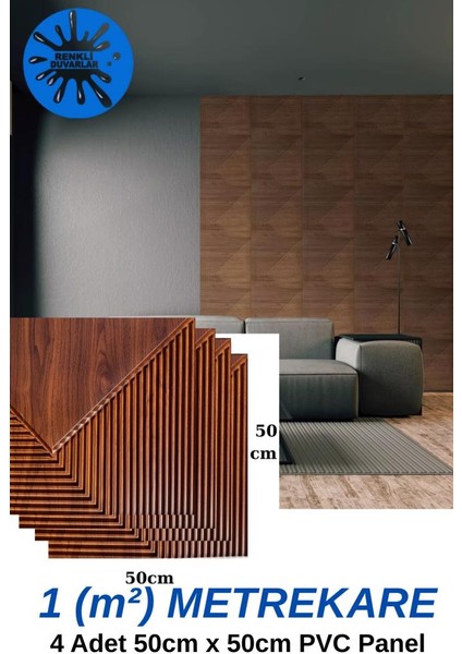 1m² (50CMX50CM 4 Adet) Kahverengi 3D Abs Pvc Çizgili Desenli Dayanıklı Duvar Paneli Silinebilir