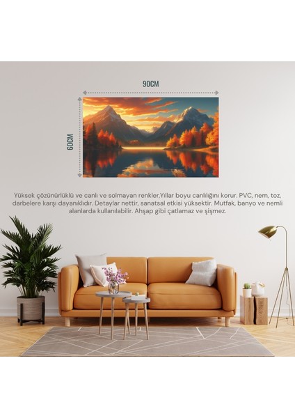 Doğa ve Manzara Yatay Sakin Göl Sonbahar Tonları Gerçekçi Derinliğe Sahip 03 Çerçevesiz 90X60CM Pvc Tablo