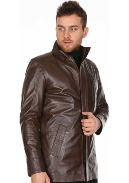 Hakiki Deri Kahverengi Cep Işlemeli Erkek Deri Ceket modelleri