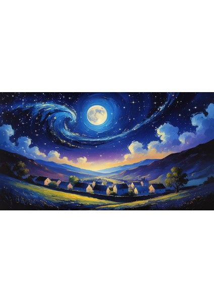 Doğa ve Manzara Yatay Sessiz Bir Köyün Üzerinde Yıldızlı Gece Parlayan Ay 07 Çerçevesiz 90X60CM Pvc Tablo fiyatları