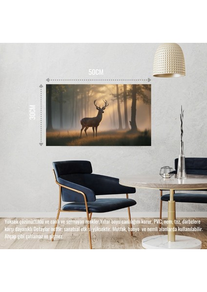 Geyik Sisli Ormanda Huzurlu Atmosfer 03 Çerçevesiz 50X30 cm Pvc Tablo