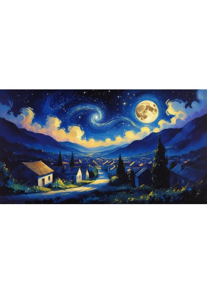 Doğa ve Manzara Yatay Sessiz Bir Köyün Üzerinde Yıldızlı Gece Parlayan Ay 05 Çerçevesiz 90X60CM Pvc Tablo fiyatları