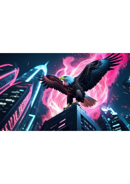 Kartal Fütüristik Bir Şehirde Neon Parıltı Stili 04 Çerçevesiz 50X30 cm Pvc Tablo fiyatları