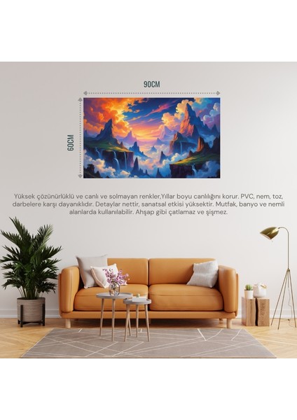 Doğa ve Manzara Yatay Yüzen Dağlar Gökyüzüne Düşen Şelaleler Rüya Gibi Atmosfer 03 Çerçevesiz 90X60CM Pvc Tablo