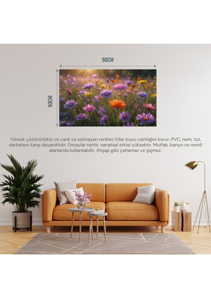 Doğa ve Manzara Yatay Çayırda Rengarenk Kır Çiçekleri Üzerinde Çiyi 04 Çerçevesiz 90X60CM Pvc Tablo