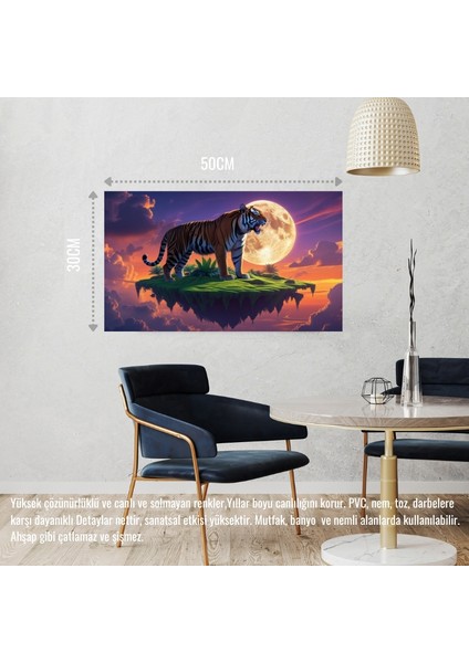 Kaplan Yüzden Adada Aya Kükrüyor 03 Çerçevesiz 50X30 cm Pvc Tablo