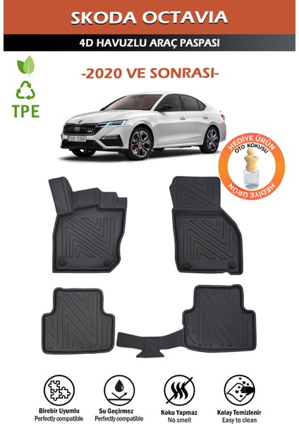 Havuzlu 4d Siyah Paspas Takımı,skoda-Octavıa 2020 ve Sonrası 4d Havuzlu Paspas+Araç Kokusu Hediye
