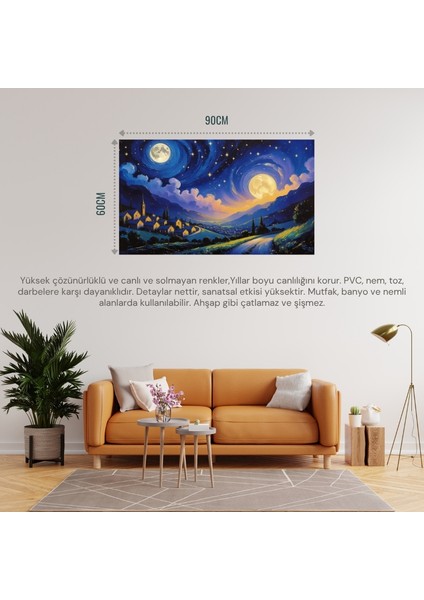 Doğa ve Manzara Yatay Sessiz Bir Köyün Üzerinde Yıldızlı Gece Parlayan Ay 06 Çerçevesiz 90X60CM Pvc Tablo