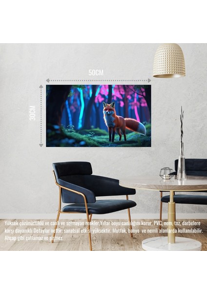 Tilki Neon Ormanında Fantastik 03 Çerçevesiz 50X30 cm Pvc Tablo