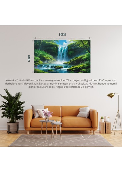 Doğa ve Manzara Yatay Canlı Şelale Yemyeşil Bitki Örtüsü, Su Sıçramaları, Kayalar Parlak Mavi Gökyüzü 01 Çerçevesiz 90X60CM Pvc Tablo