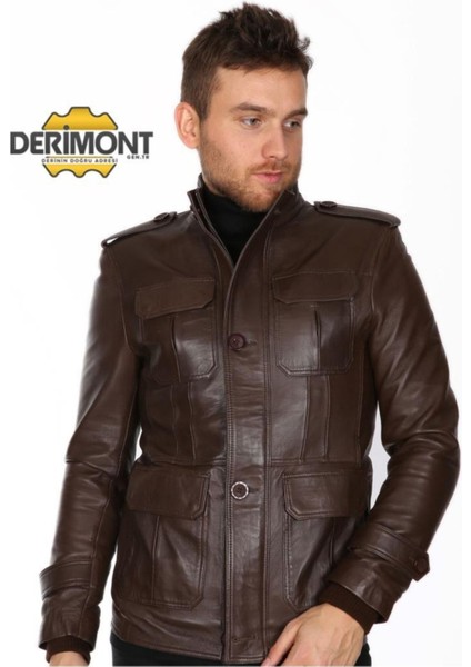 Hakiki Deri Kahverengi Cep Kapaklı Erkek Deri Ceket