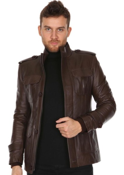 Hakiki Deri Kahverengi Cep Kapaklı Erkek Deri Ceket fiyatları