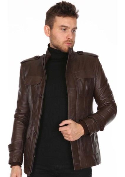 Hakiki Deri Kahverengi Cep Kapaklı Erkek Deri Ceket modelleri