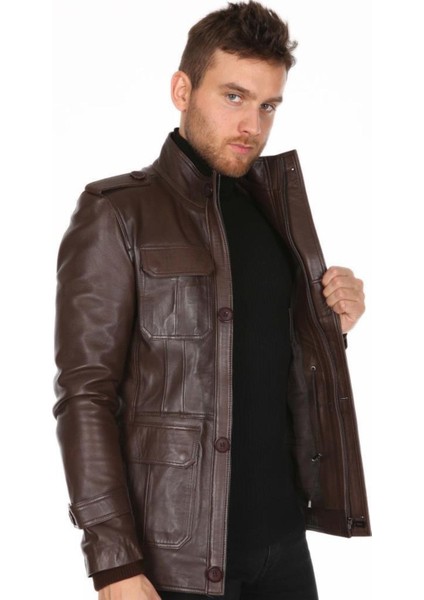 Hakiki Deri Kahverengi Cep Kapaklı Erkek Deri Ceket fırsatları