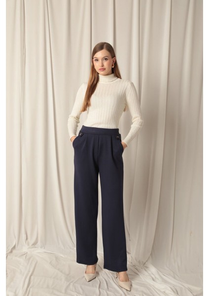 Modal Kumaş Yanları Düğmeli Kadın Lacivert Pantolon