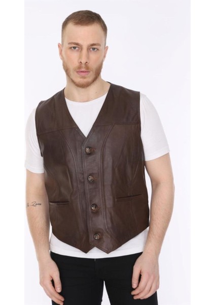 Hakiki Deri Kahverengi Classic Düğmeli Erkek Deri Yelek