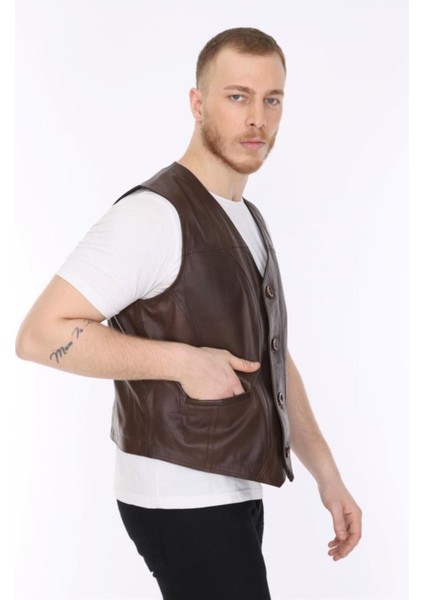 Hakiki Deri Kahverengi Classic Düğmeli Erkek Deri Yelek fiyatları
