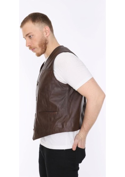 Hakiki Deri Kahverengi Classic Düğmeli Erkek Deri Yelek modelleri