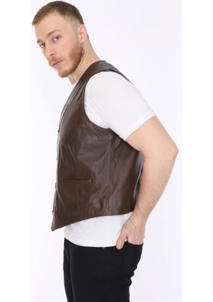 Hakiki Deri Kahverengi Classic Düğmeli Erkek Deri Yelek fırsatları