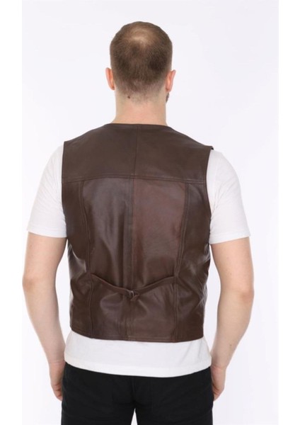 Hakiki Deri Kahverengi Classic Düğmeli Erkek Deri Yelek indirimleri